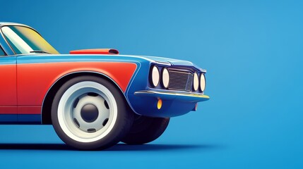 Fototapeta premium A vibrant close-up of a classic car showcasing its stylish design against a striking blue background.
