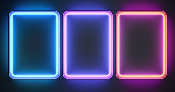 A visually striking image featuring three glowing rectangular frames in blue, purple, and pink against a dark background.