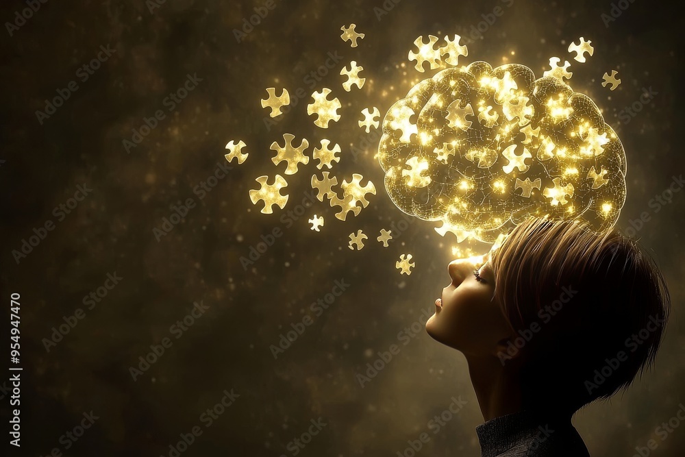 Poster social bonding synaptic plasticity illuminated brain emitting golden puzzle pieces symbolizing creat