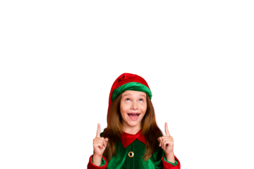 Portrait of impressed elf child in hat cap screaming wow omg showing adverts with her index finger isolated over red background