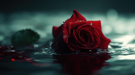 Artistic scene of a red rose submerged in blood, representing the ultimate sacrifice made in the name of love.