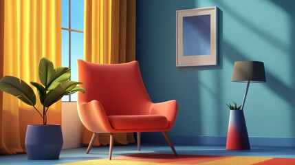 Bright modern interior featuring colorful chair, potted plant, and artistic decor enhancing a cozy atmosphere.