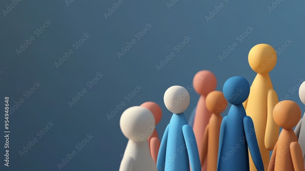 Poster colorful 3d figures representing diversity and teamwork, standing together against a simple backgrou