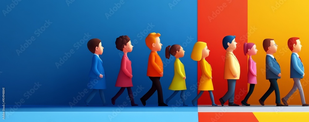 Poster colorful characters walking in a line against vibrant backgrounds, representing diversity and unity 