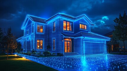 A modern house illuminated with blue LED lights at night, showcasing a vibrant and festive atmosphere.
