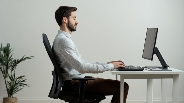 Office worker sitting with correct posture at desk typing on keyboard
