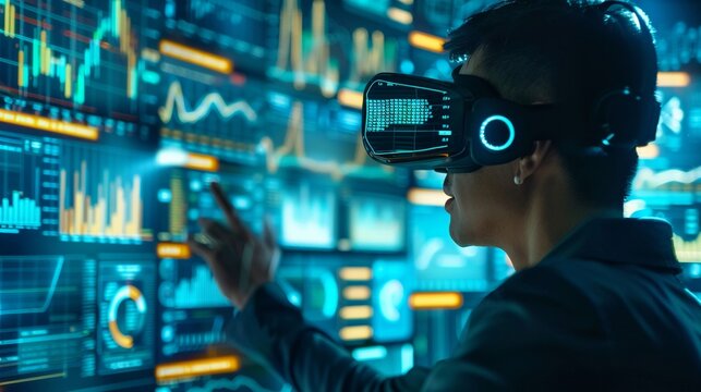 Business analyst studying economic forecasts virtual reality financial interfaces and real-time data