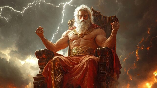 Zeus god of thunder sitting on golden throne on mount olympus