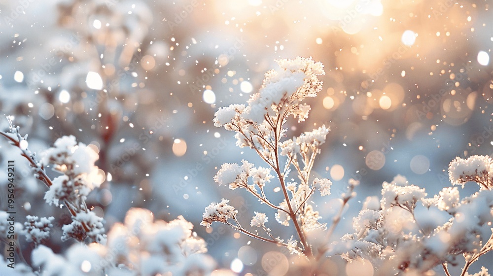 Poster snowy branch with bokeh and falling snow