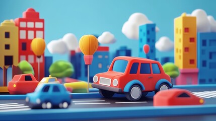Colorful toys in a vibrant city landscape featuring playful cars, buildings, and trees, capturing a cheerful urban scene.