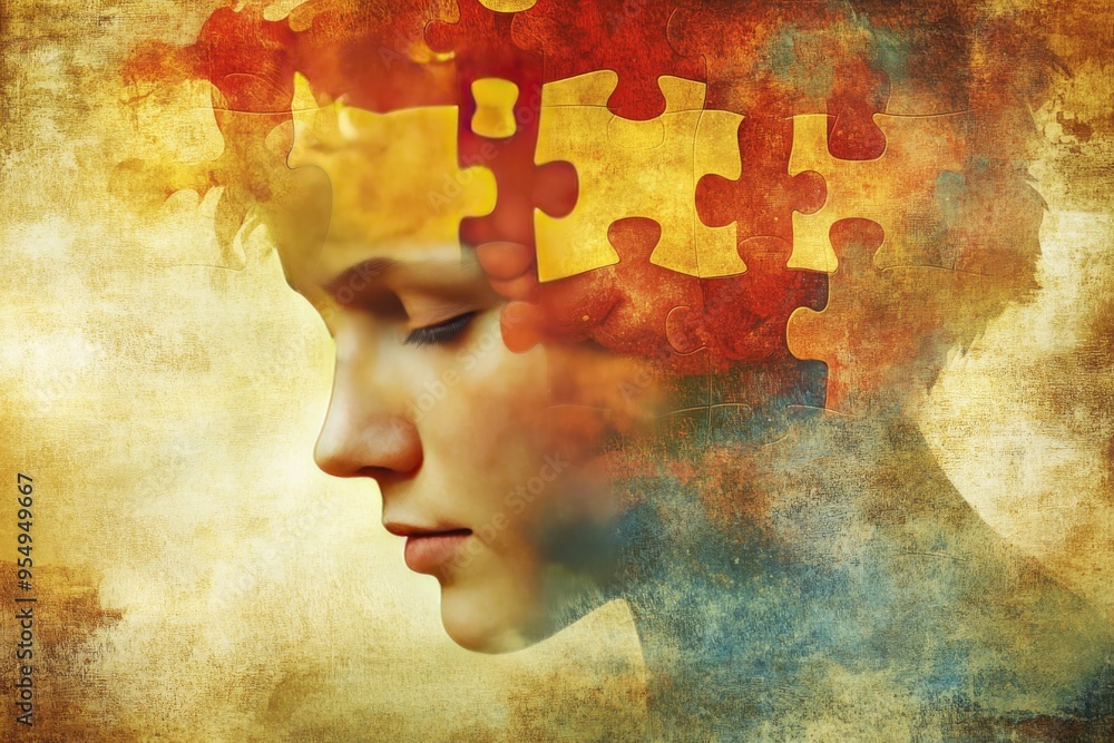 Poster ltd synaptic plasticity vintage inspired conceptual image of a man with a missing puzzle piece in hi