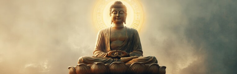 Majestic Buddha Statue Illuminated by a Glowing Halo