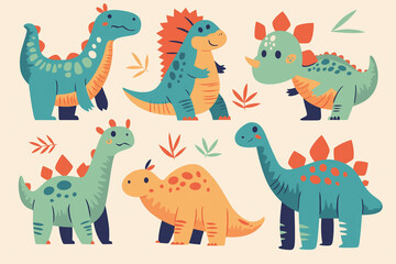 Vector flat cartoon cute dinosaur set, children's book illustration