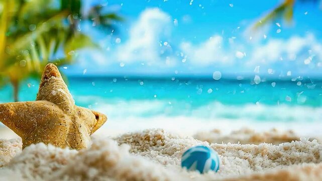 a starfish  and  a beach ball  on  the sand  with  the ocean in the background 