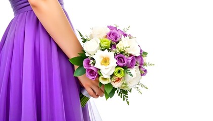 Purple bridesmaid bouquet held by bridesmaid in a Purple dress isolated on a white background