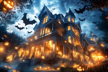 Haunted Victorian Mansion on Halloween Night.