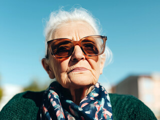 Portrait of an Elegant Senior Woman with Sunglasses and a Scarf, Radiating Confidence and Wisdom Under a Clear Blue Sky