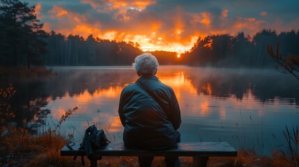 A man sits on a bench by a lake, watching the sunrise over a foggy forest.