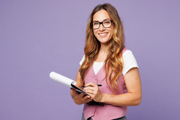 Side view young employee business woman corporate lawyer wears classic suit vest white t-shirt...