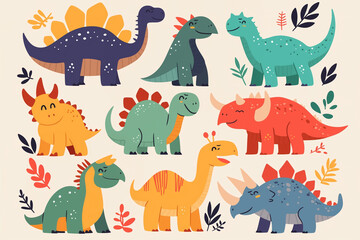 Vector flat cartoon cute dinosaur set, children's book illustration