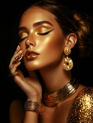 A woman with gold makeup and gold jewelry looks relaxed