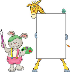 Fototapeta premium A rabbit paints on a canvas held by a giraffe.