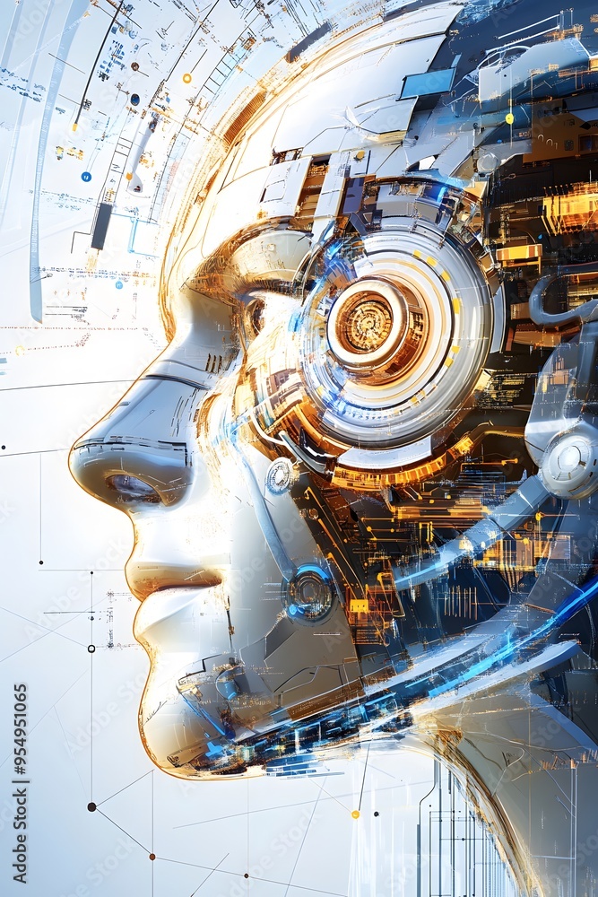 Poster ai robot face in a circuit board