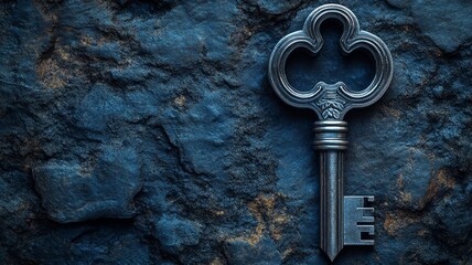 Antique key resting on a dark textured background, symbolizing mystery