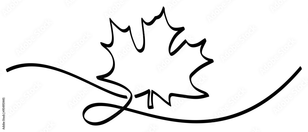 Poster a single black line forms the outline of a maple leaf with an elegant swirl, perfect for simple and 