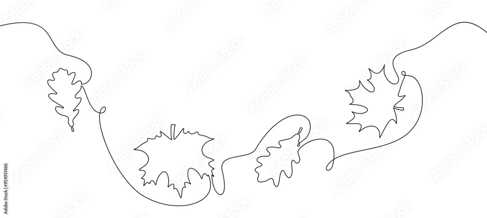 Poster vector illustration of autumn leaves drawn in a continuous line style, emphasizing simplicity and el
