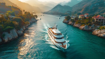 A luxurious white yacht sails through a narrow channel in a picturesque bay, surrounded by lush green mountains and shimmering water, with the sun setting in the background.