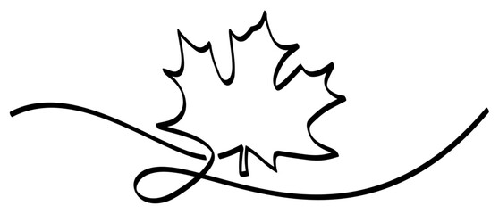 A single black line forms the outline of a maple leaf with an elegant swirl, perfect for simple and modern autumn-themed designs.