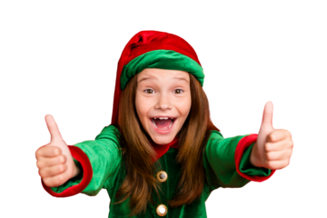 Close up photo of cheerful elf kid in hat cap having long red head showing her thumb up screaming recommend noel event wearing green costume isolated over red background