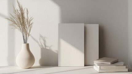 A standing brochure mockup is placed next to a vase and stacked books, showcasing a modern, minimalist design lit by soft sunlight