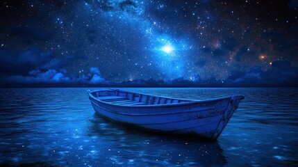 Night Sky with Boat on Calm Water