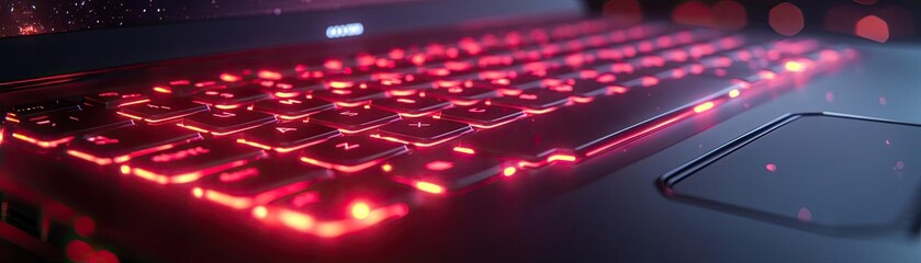 High-tech gaming laptop, with a backlit keyboard, angular design, and cooling vents, 3D product visualization