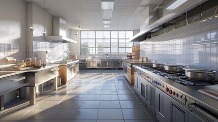 A large, clean, and well-lit kitchen with stainless steel appliances