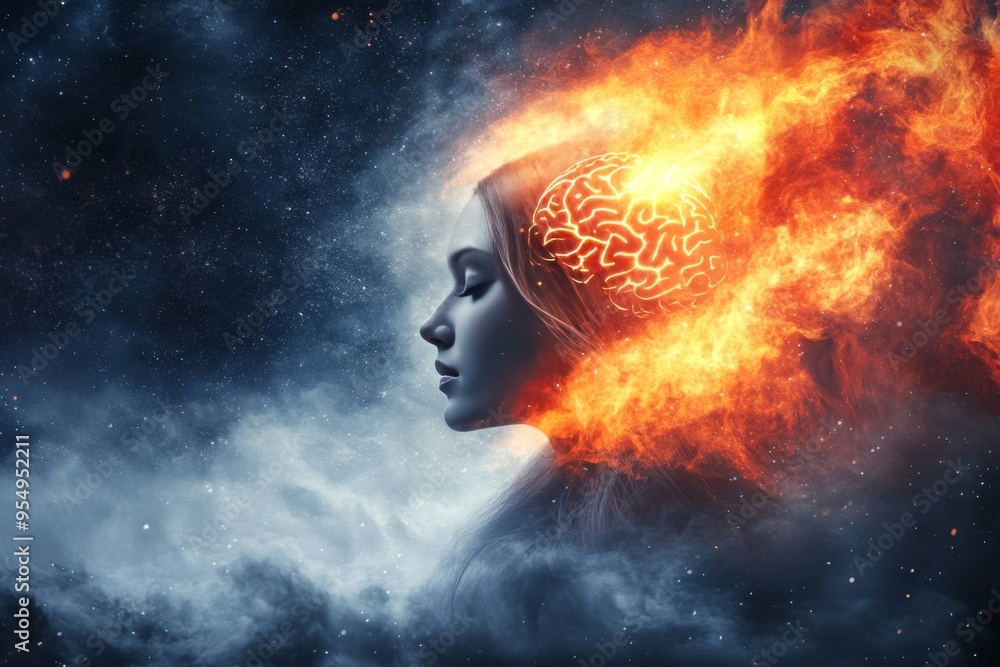Poster locus coeruleus neural synchronization explosive visualization of a woman with a fiery brain symboli