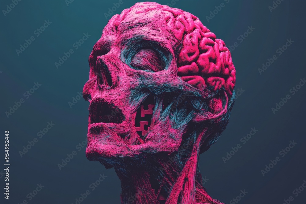 Poster reward system neural synchronization surreal depiction of a skull with an exposed brain symbolizing 