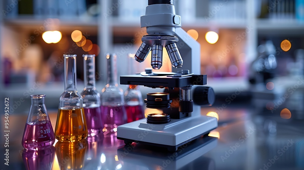 Poster a microscope and beakers with colored liquids on a lab table.