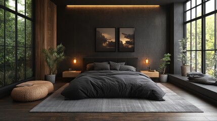 Modern bedroom with large windows, plants, and minimalist decor.