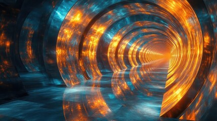 Kaleidoscopic mirror tunnel, with fractal patterns reflecting endlessly, 3D abstract