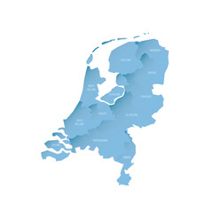 Fototapeta premium Netherlands political map of administrative divisions - provinces. Shaded vector map with 3D-like blue gradient and name labels
