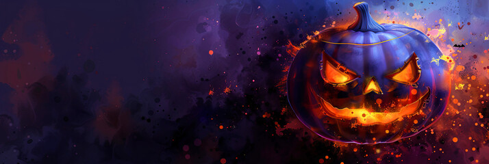 Shining Halloween pumpkin on dark background, banner with free space for text