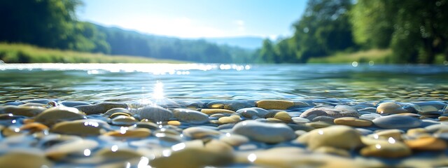 The crystal-clear water of the river flows over smooth pebbles, creating ripples and a beautiful scene. The sunlight shines on them through the blue sky, creating beautiful reflections on their surfac