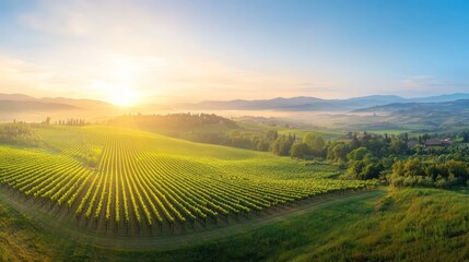 Fototapeta premium Vineyard Landscape with Golden Sunrise and Rolling Hills