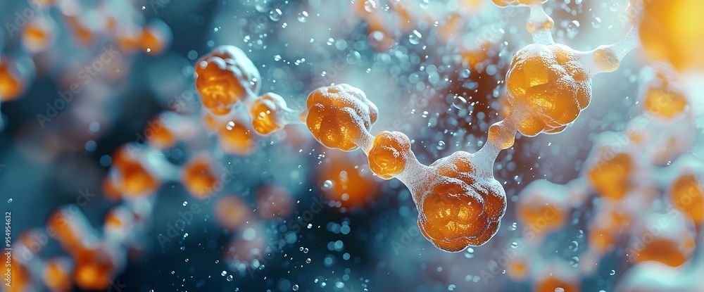 Poster abstract 3d rendering of orange spheres connected with white filaments in a blue and white backgroun
