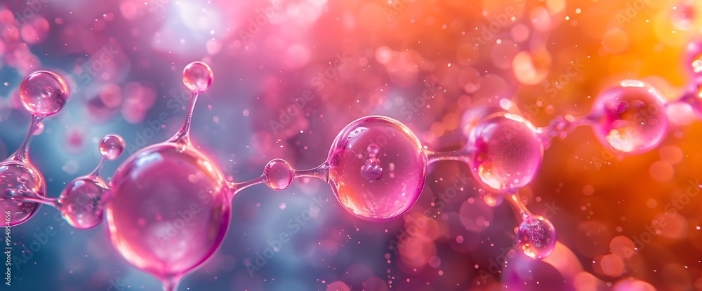 Poster abstract background with connected pink bubbles on a blurred colorful backdrop.