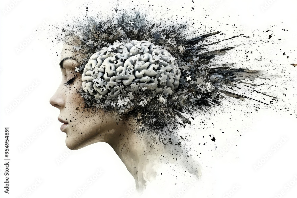 Poster ltp neural synchronization explosive visualization of a woman’s brain surrounded by fragmented parti