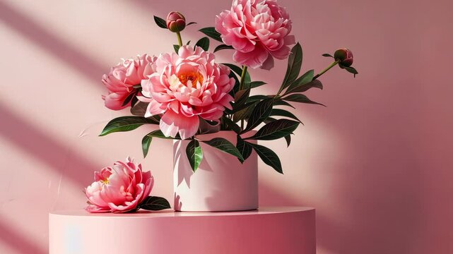 Pink peonies in white vase on a pink pedestal in sunlight, elegant floral arrangement concept